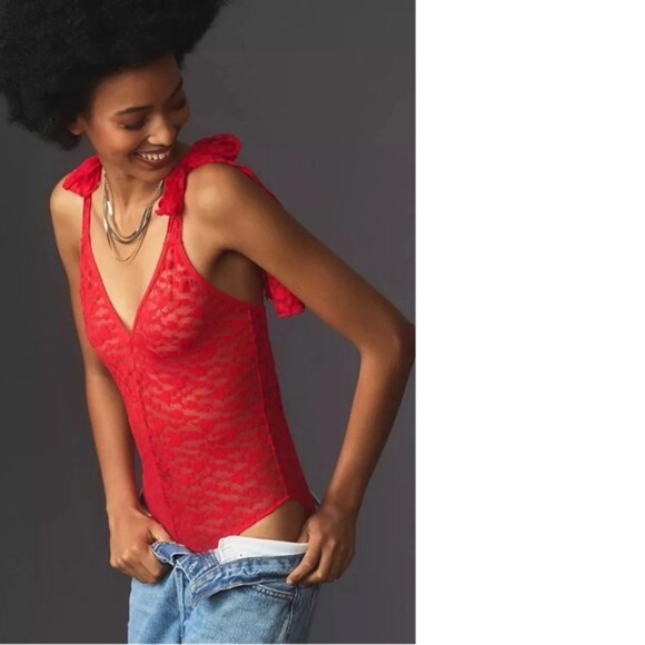 NWT Anthropologie Bow-Shoulder Flocked Heart Bodysuit  Small - Picture 5 of 8